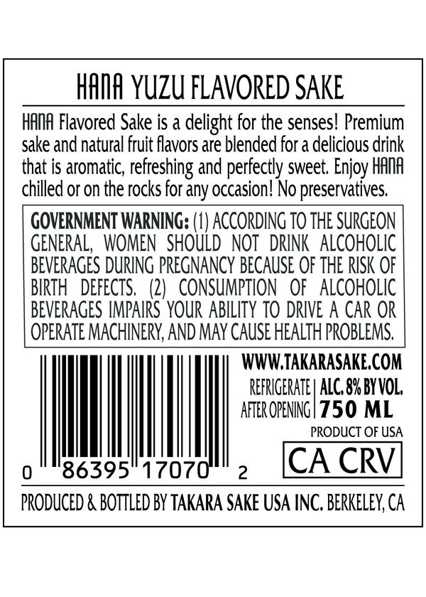 HANA Yuzu Flavored Sake - Citrus Sake - Takara Sake